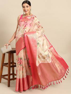 Pink printed art silk ethnic saree with blouse piece 2