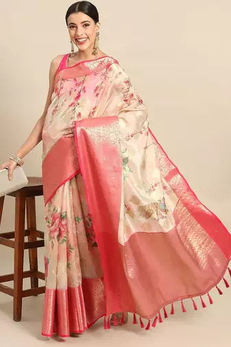 Pink printed art silk ethnic saree with blouse piece