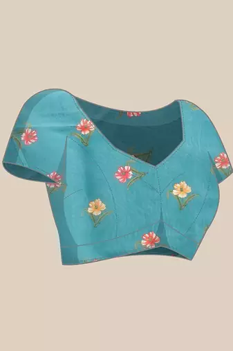 Blue printed polycotton casual wear saree with blouse piece