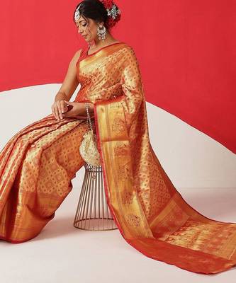 Golden woven silk blend ethnic saree with blouse piece 2