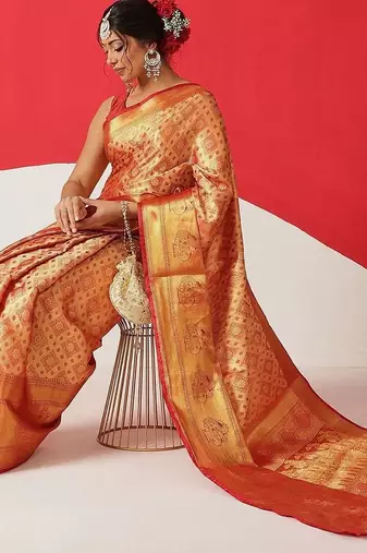 Golden woven silk blend ethnic saree with blouse piece
