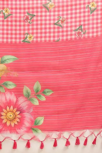 Red printed polycotton casual wear saree with blouse piece