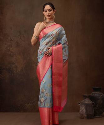 Blue woven art silk traditional saree with blouse piece 2
