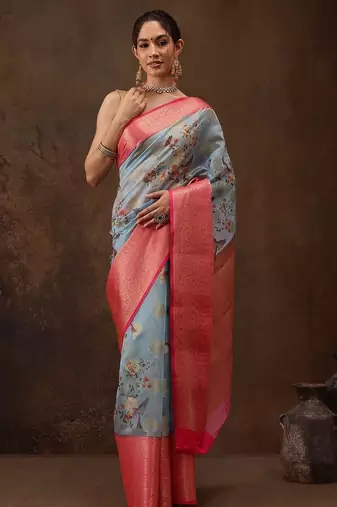 Blue woven art silk traditional saree with blouse piece