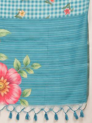 Blue printed polycotton casual wear saree with blouse piece 5