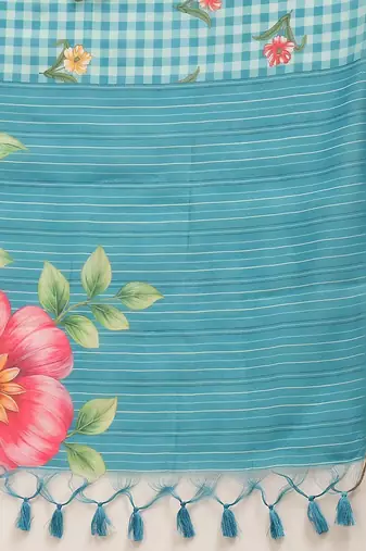 Blue printed polycotton casual wear saree with blouse piece