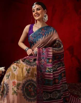 Peach printed cotton blend ethnic saree with blouse piece 2