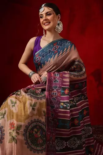 Peach printed cotton blend ethnic saree with blouse piece