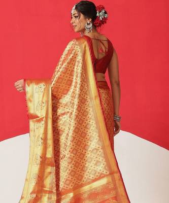 Golden woven silk blend ethnic saree with blouse piece 3