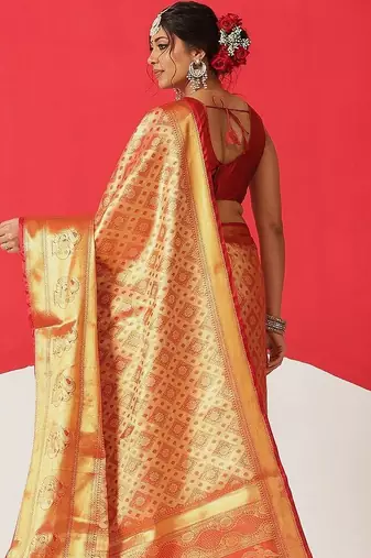 Golden woven silk blend ethnic saree with blouse piece
