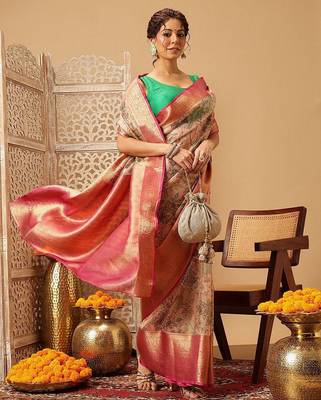Pink printed silk blend ethnic saree with blouse piece 2