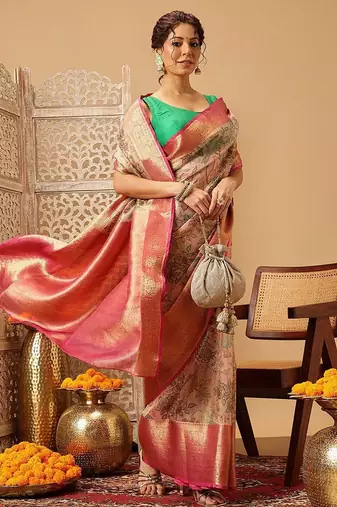 Pink printed silk blend ethnic saree with blouse piece