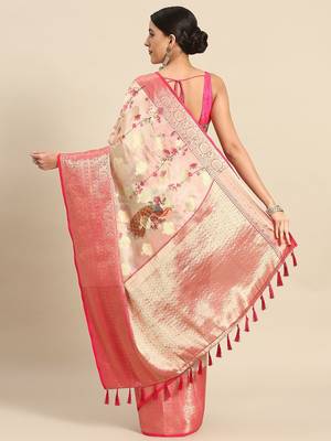 Pink printed art silk ethnic saree with blouse piece 3