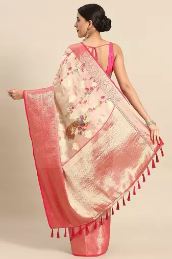 Pink printed art silk ethnic saree with blouse piece