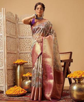 Lavender printed silk blend ethnic saree with blouse piece 1