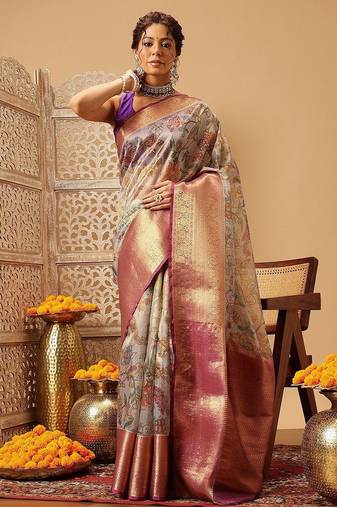 Lavender printed silk blend ethnic saree with blouse piece