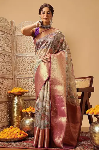 Lavender printed silk blend ethnic saree with blouse piece