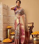 Lavender printed silk blend ethnic saree with blouse piece