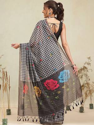Black printed polycotton casual wear saree with blouse piece 3