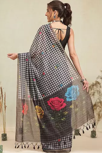 Black printed polycotton casual wear saree with blouse piece