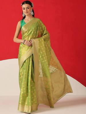 Lime woven tissue party wear saree with blouse piece 1