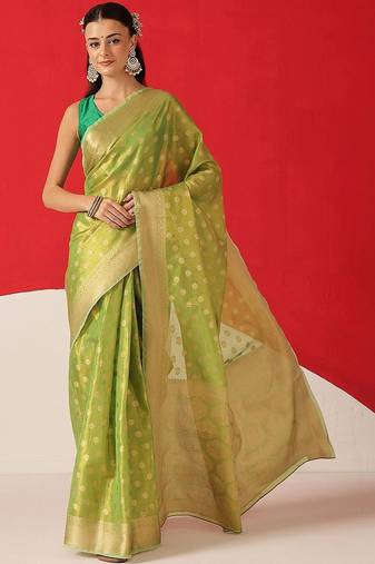 Lime woven tissue party wear saree with blouse piece