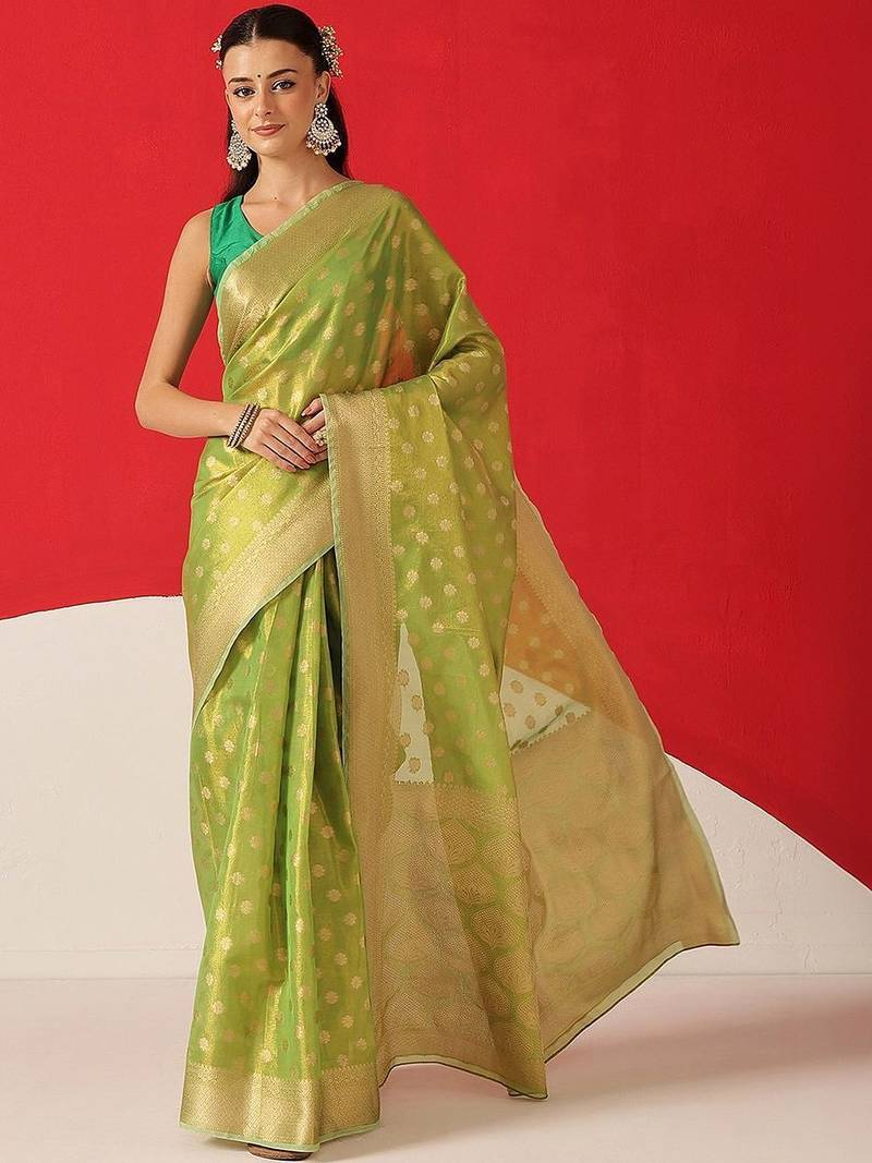 Lime woven tissue party wear saree with blouse piece