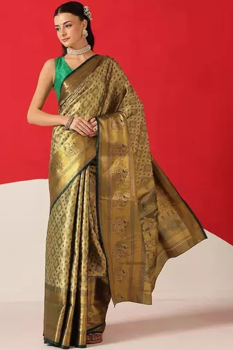 Golden woven silk blend ethnic saree with blouse piece