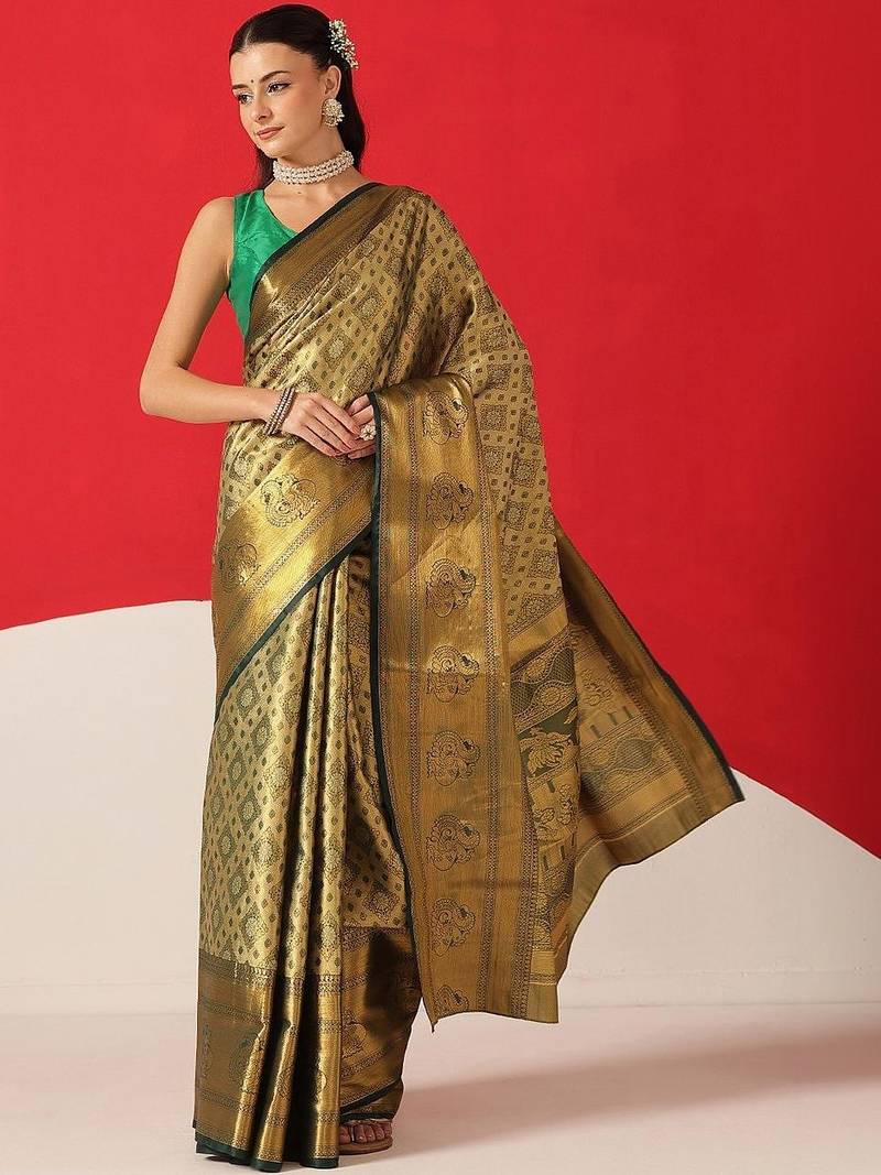 Golden woven silk blend ethnic saree with blouse piece