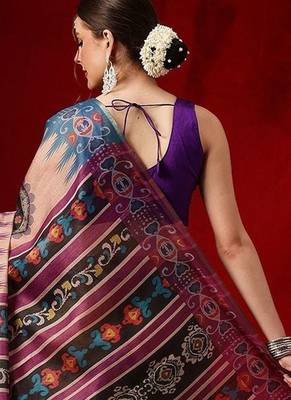 Peach printed cotton blend ethnic saree with blouse piece 3