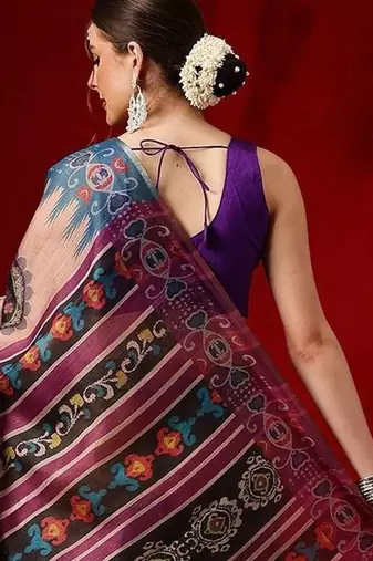 Peach printed cotton blend ethnic saree with blouse piece