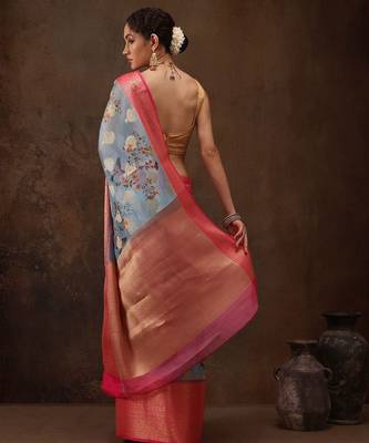 Blue woven art silk traditional saree with blouse piece 3