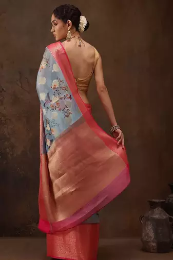 Blue woven art silk traditional saree with blouse piece