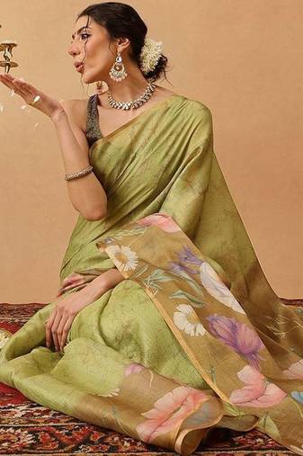 Olive printed silk cotton ethnic saree with blouse piece