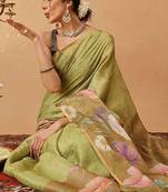 Olive printed silk cotton ethnic saree with blouse piece