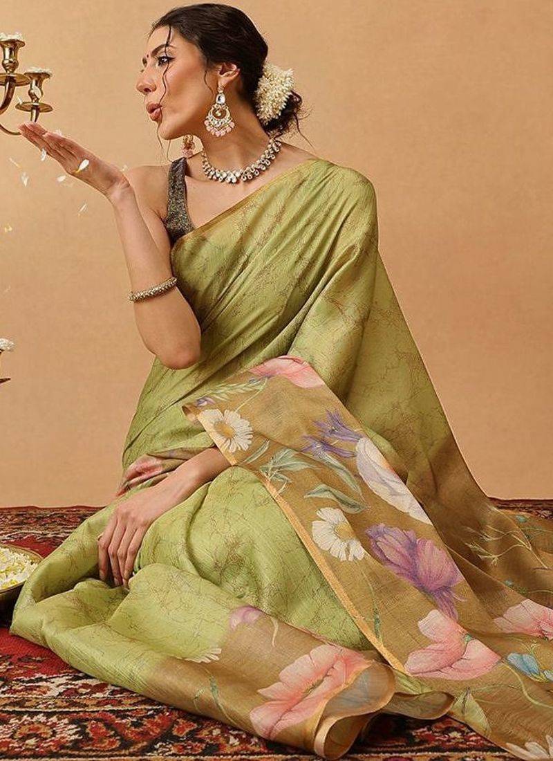 Olive printed silk cotton ethnic saree with blouse piece