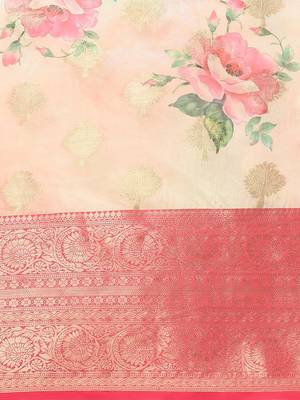 Pink printed art silk ethnic saree with blouse piece 4
