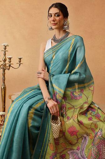 Teal printed silk cotton ethnic saree with blouse piece