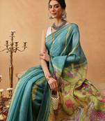 Teal printed silk cotton ethnic saree with blouse piece