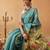 Teal printed silk cotton ethnic saree with blouse piece