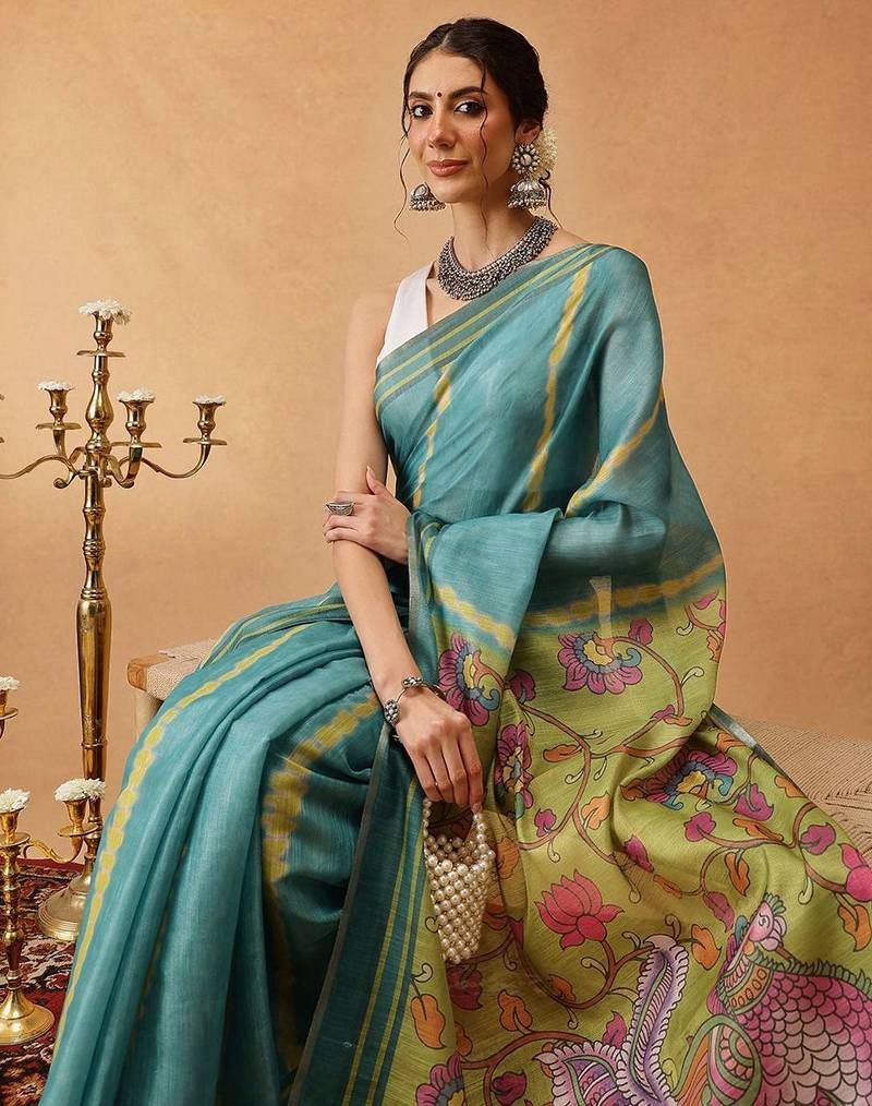 Teal printed silk cotton ethnic saree with blouse piece
