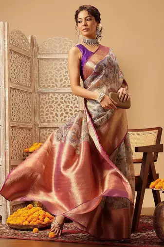 Lavender printed silk blend ethnic saree with blouse piece