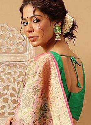 Pink printed silk blend ethnic saree with blouse piece 3