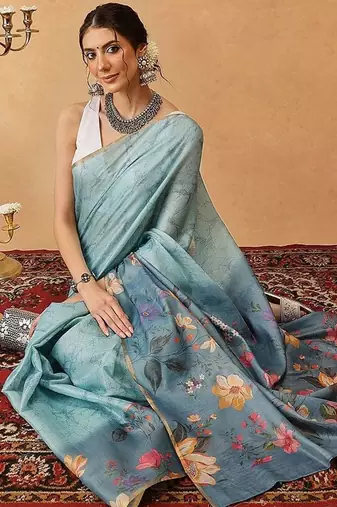 Blue printed silk cotton ethnic saree with blouse piece