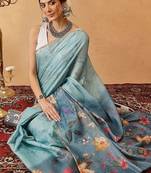 Blue printed silk cotton ethnic saree with blouse piece