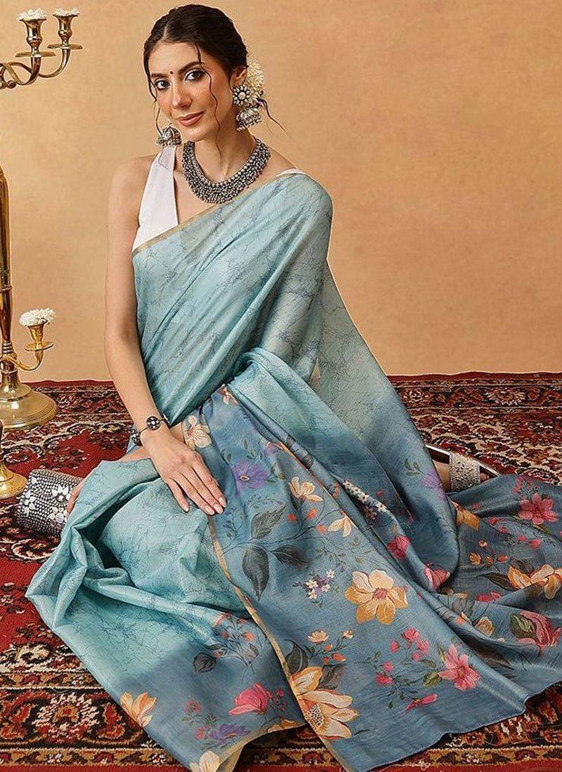 Blue printed silk cotton ethnic saree with blouse piece