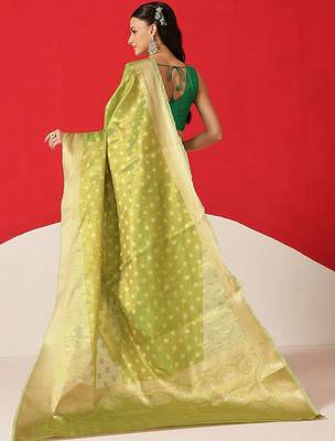 Lime woven tissue party wear saree with blouse piece 2