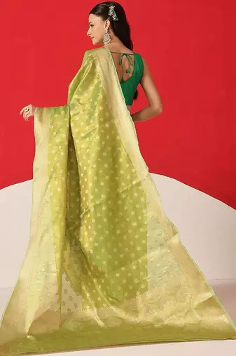 Lime woven tissue party wear saree with blouse piece