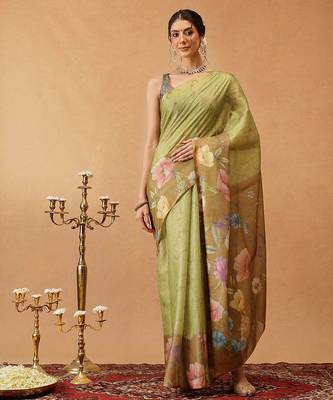 Olive printed silk cotton ethnic saree with blouse piece 2