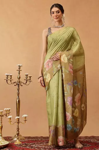 Olive printed silk cotton ethnic saree with blouse piece